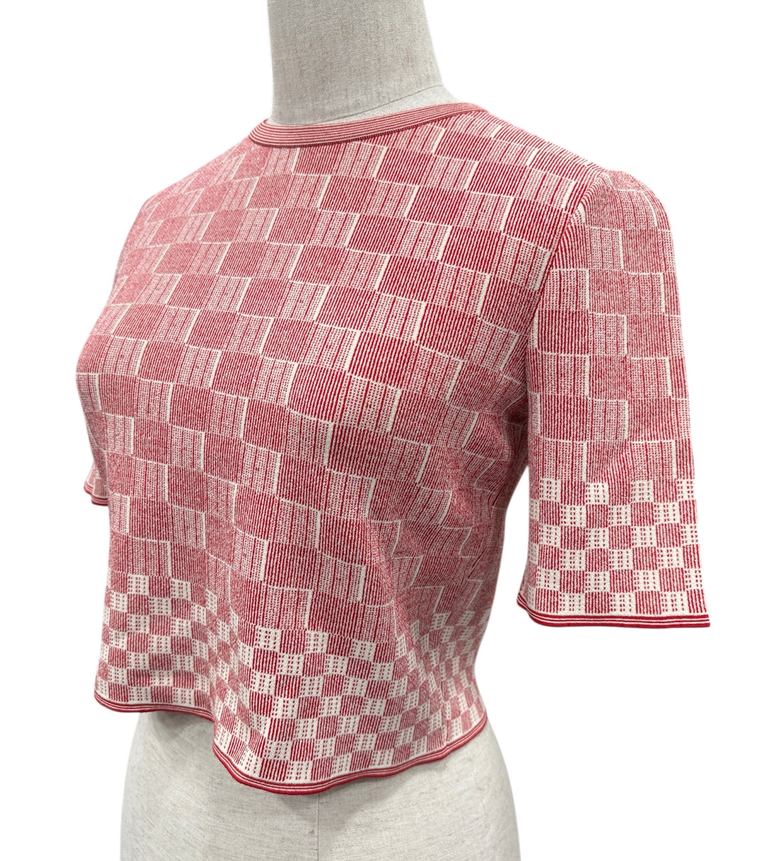 Alexander McQueen 紅色格紋 圓領短袖短款針織上衣 Alexander McQueen Red Plaid Crew Neck Short Sleeve Cropped Knit Top