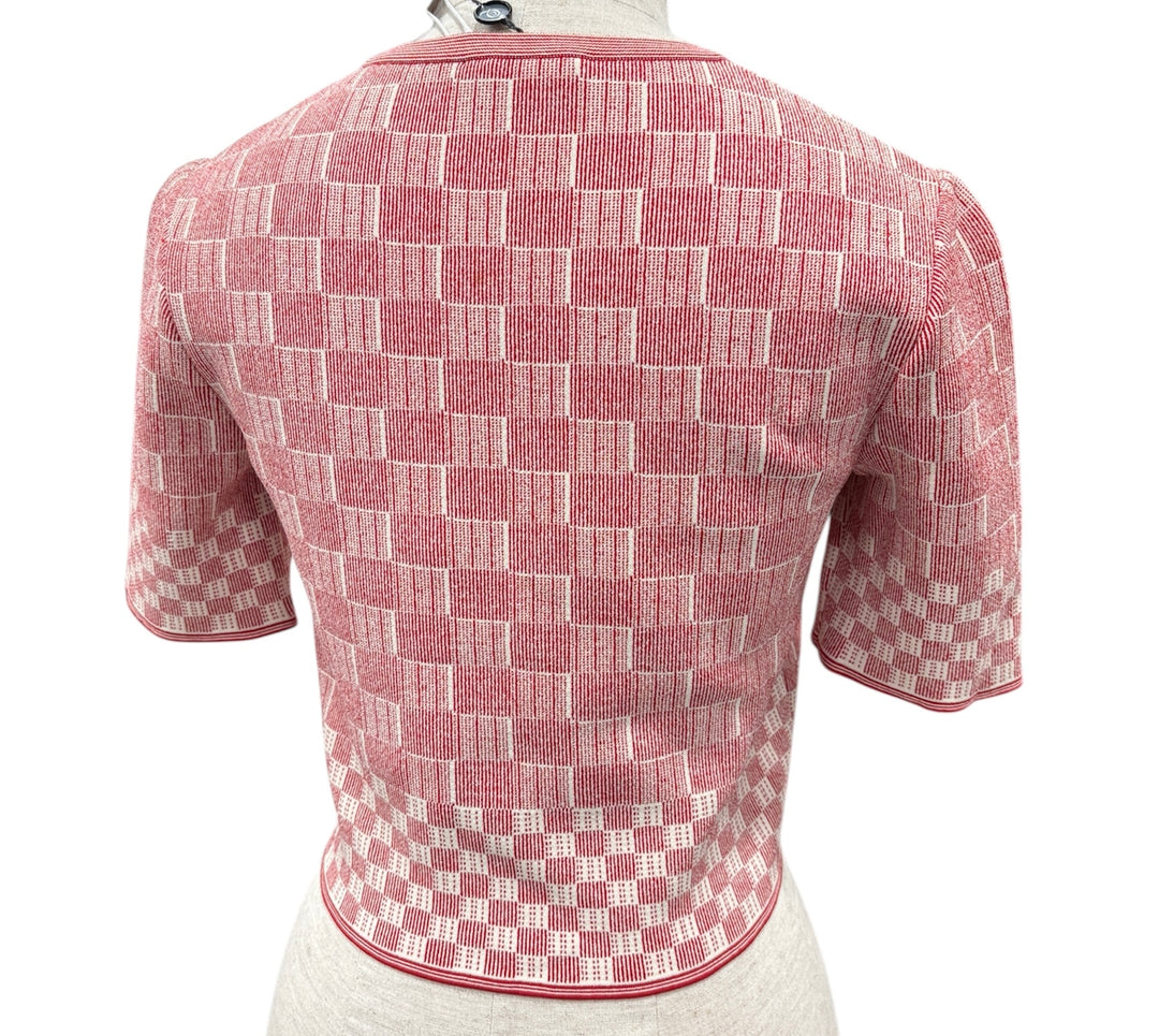 Alexander McQueen 紅色格紋 圓領短袖短款針織上衣 Alexander McQueen Red Plaid Crew Neck Short Sleeve Cropped Knit Top